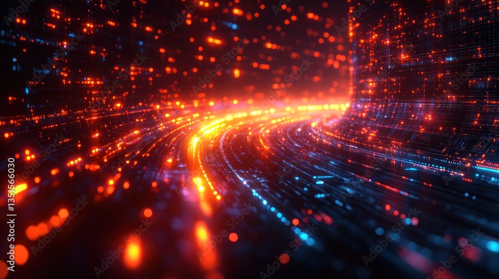 Light trails speed through digital tunnel with binary background data flow Light trails speed through digital tunnel with binary background data flow