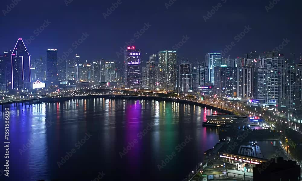 Night cityscape, harbor reflection, urban skyline, coastal city, panoramic view, nighttime lights, advertising, tourism Night cityscape, harbor reflection, urban skyline, coastal city, panoramic view, nighttime lights, advertising, tourism