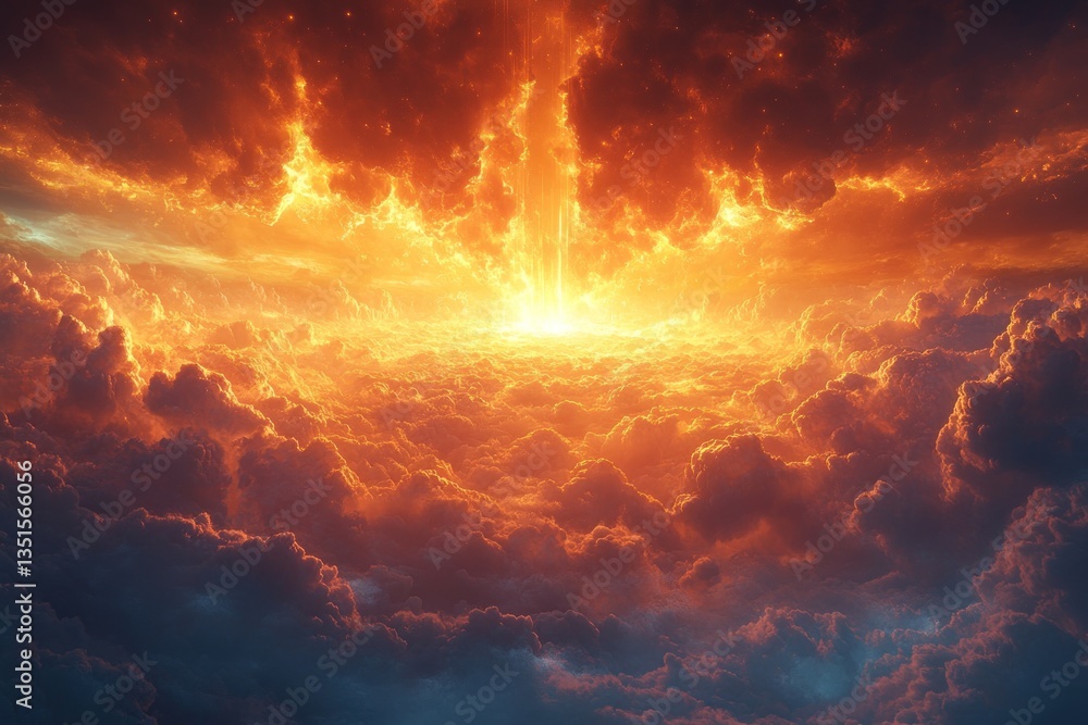 Fototapeta premium Fiery sunrise explodes through dramatic clouds in epic sky, ideal background