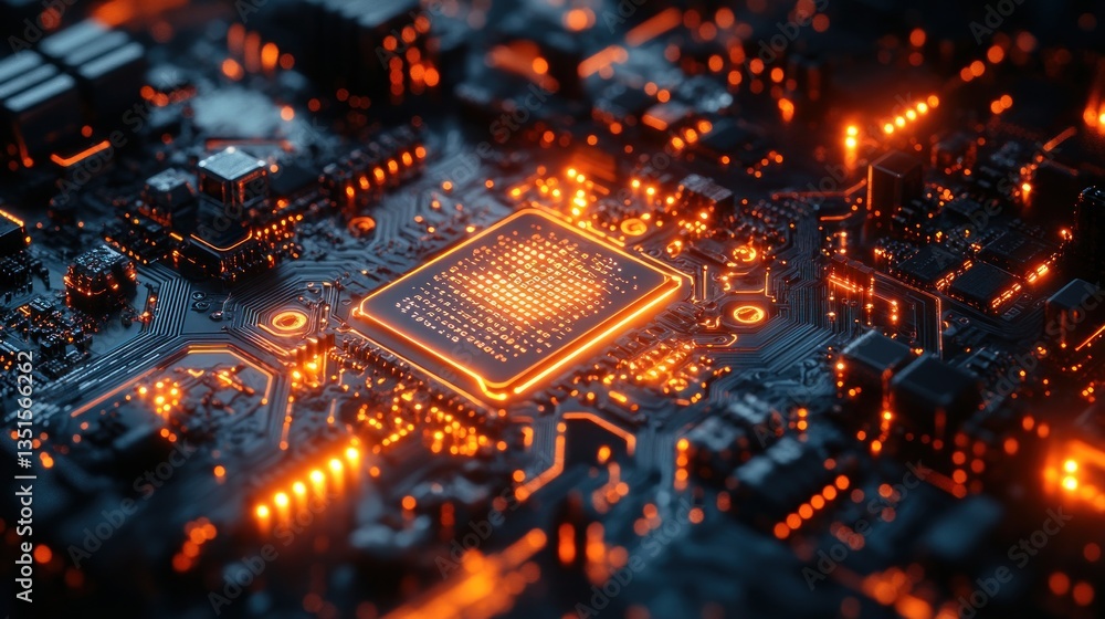 Glowing CPU on circuit board with active components Glowing CPU on circuit board with active components
