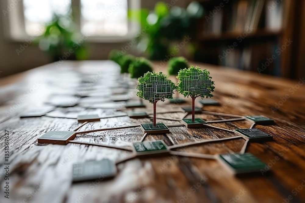 Naklejka premium Artificial trees connected by a network on a wooden surface