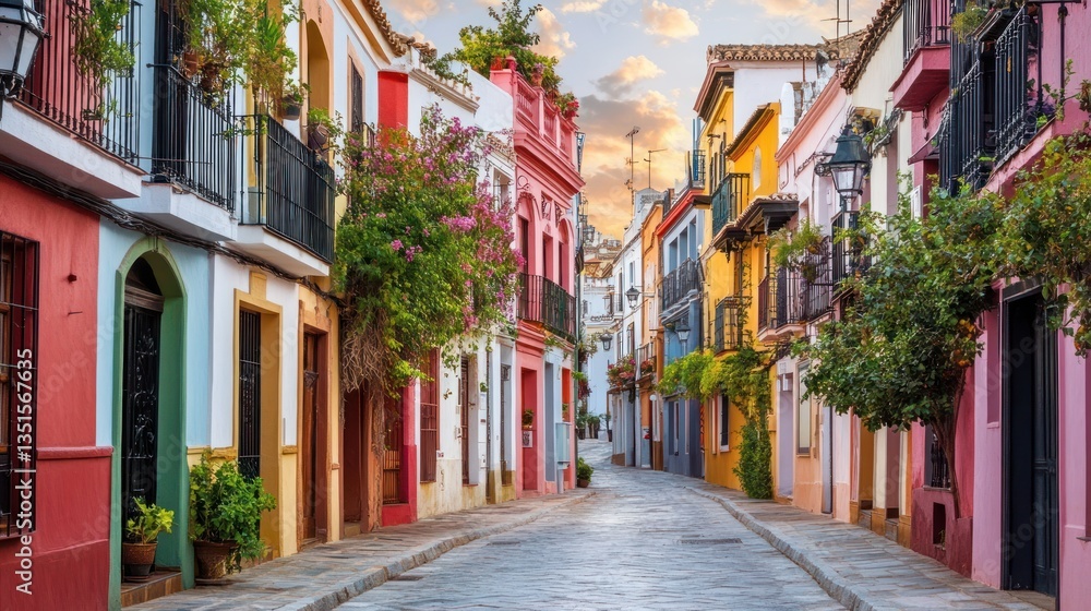 Fototapeta premium Vibrant Spanish Street Scene: Colorful Buildings and Charming Cobblestone Lane