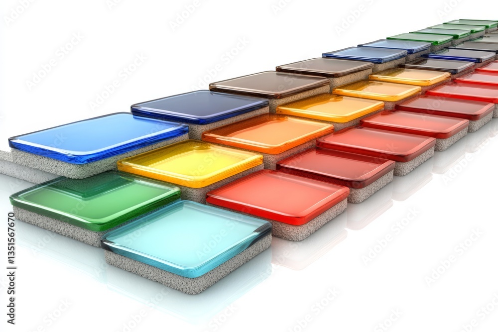 Colorful glass squares arranged in an artistic gradient pattern on white background Colorful glass squares arranged in an artistic gradient pattern on white background