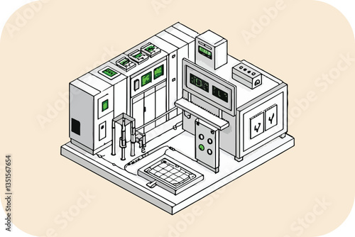 Industrial Blueprint: A detailed isometric illustration of a complex industrial facility or machinery, showcasing its intricate design and technological elements.