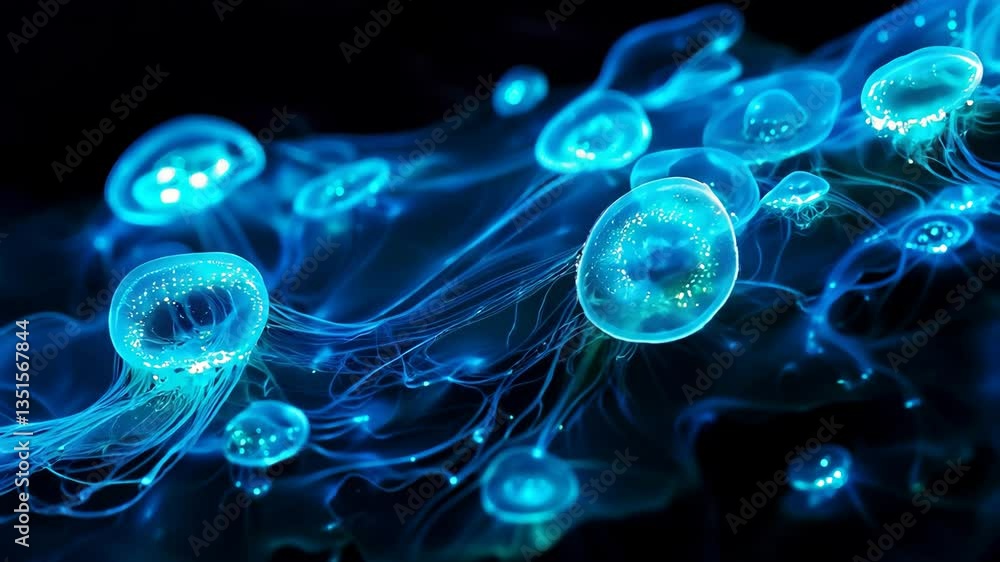 3D Bioluminescent Water Organisms Video Effect Abstract Light Patterns Dark Ocean Background, Generative AI 3D Bioluminescent Water Organisms Video Effect Abstract Light Patterns Dark Ocean Background, Generative AI