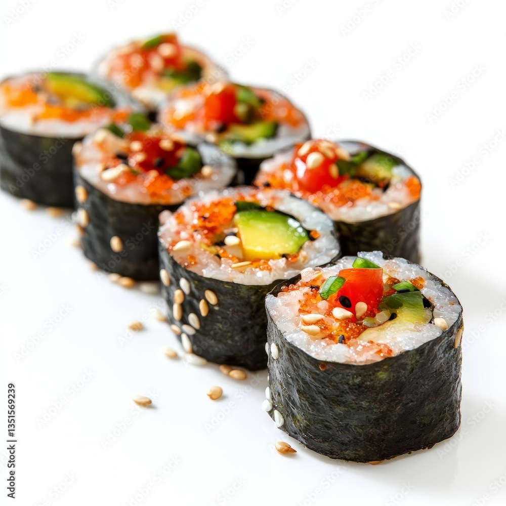 A delightful presentation of eight sushi rolls aligned in two rows, each covered in golden sesame seeds and featuring fresh ingredients like salmon, cucumber, and avocado, all wrapped in seaweed and r A delightful presentation of eight sushi rolls aligned in two rows, each covered in golden sesame seeds and featuring fresh ingredients like salmon, cucumber, and avocado, all wrapped in seaweed and r
