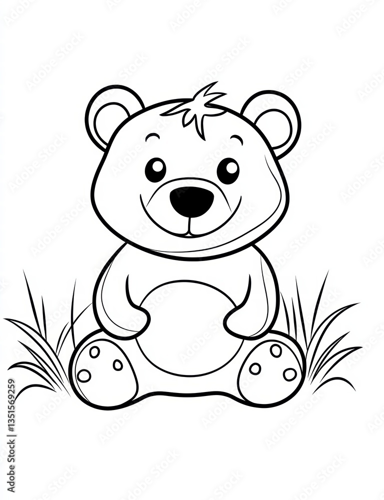 Obraz premium Cuddly Teddy Bear: A charming cartoon teddy bear sitting on a bed of grass. A simple black and white illustration brings a sense of comfort and happiness.