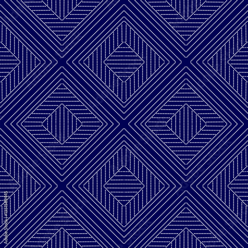 stitch Japanese Sashiko pattern embroidery abstract seamless geometric ornaments white stitch line artwork indigo blue background fashion design template decoration hand drawn printed needlework quilt