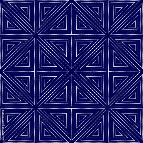 stitch Japanese Sashiko pattern embroidery abstract seamless geometric ornaments white stitch line artwork indigo blue background fashion design template decoration hand drawn printed needlework quilt