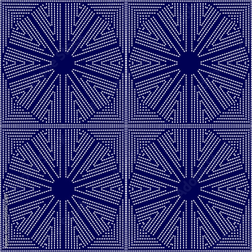 stitch Japanese Sashiko pattern embroidery abstract seamless geometric ornaments white stitch line artwork indigo blue background fashion design template decoration hand drawn printed needlework quilt
