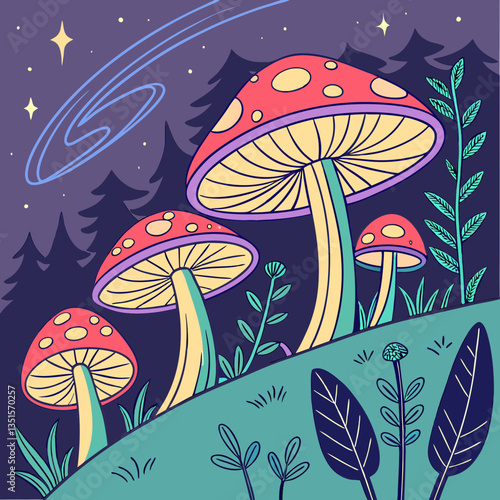 Neon Mushroom Forest with Cosmic Vibes Psychedelic Fantasy Art Vector Design