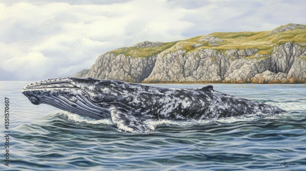 Fototapeta premium Majestic Gray Whale Breaching near Rocky Coastline