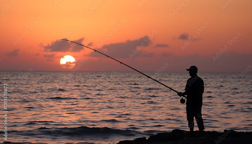 A Fisherman Stands Casting His Rod Into the Sea at Sunset A Fisherman Stands Casting His Rod Into the Sea at Sunset