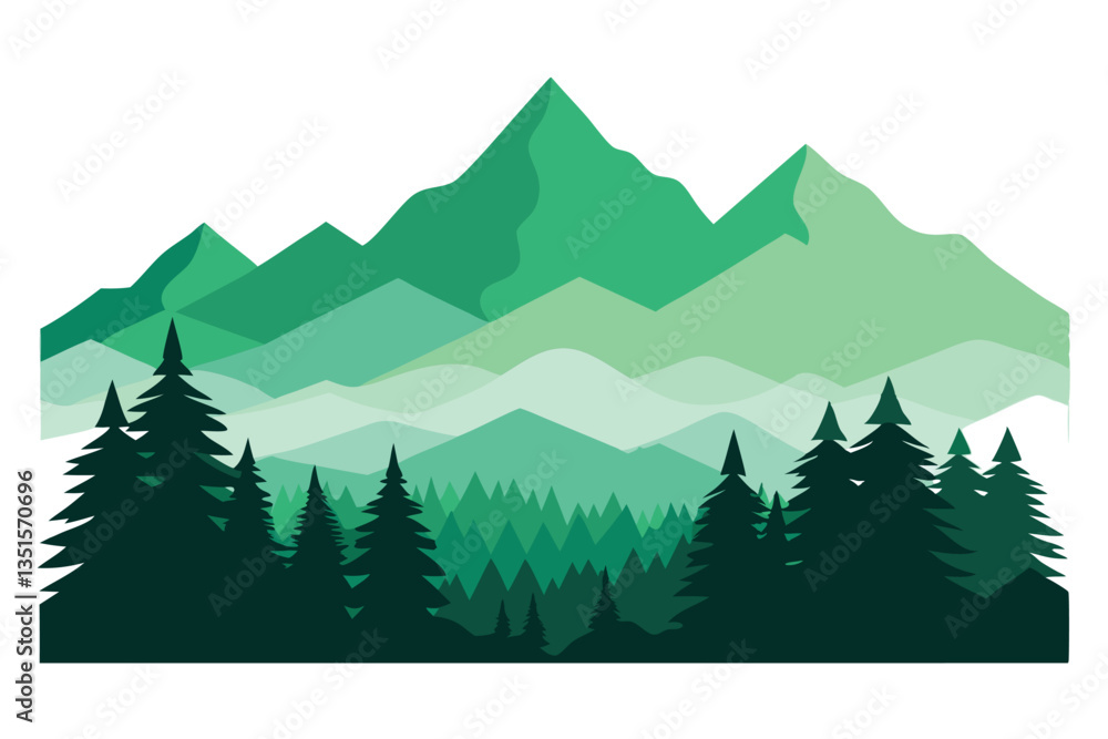 Fototapeta premium Evergreen Forest Silhouette. Minimalist Mountain Landscape with Green Pine Trees