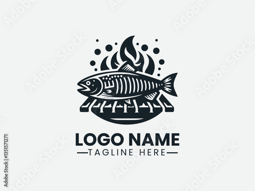 Monochrome fish silhouette with stylized fire and decorative elements. Seafood logo