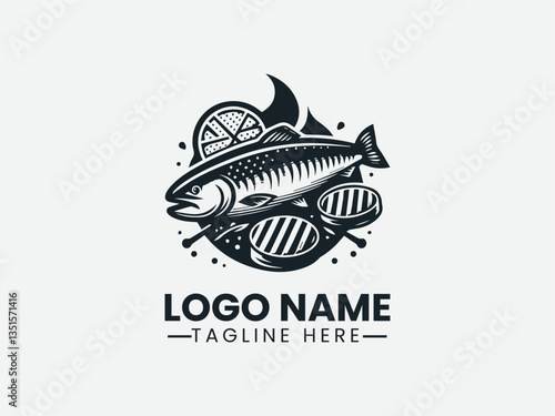 Monochrome fish silhouette with stylized fire and decorative elements. Seafood logo