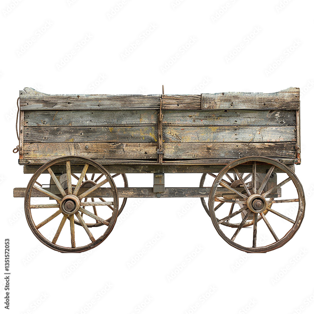 Obraz premium Rustic Old Wooden Farm Wagon with Spoked Wheels on White Background