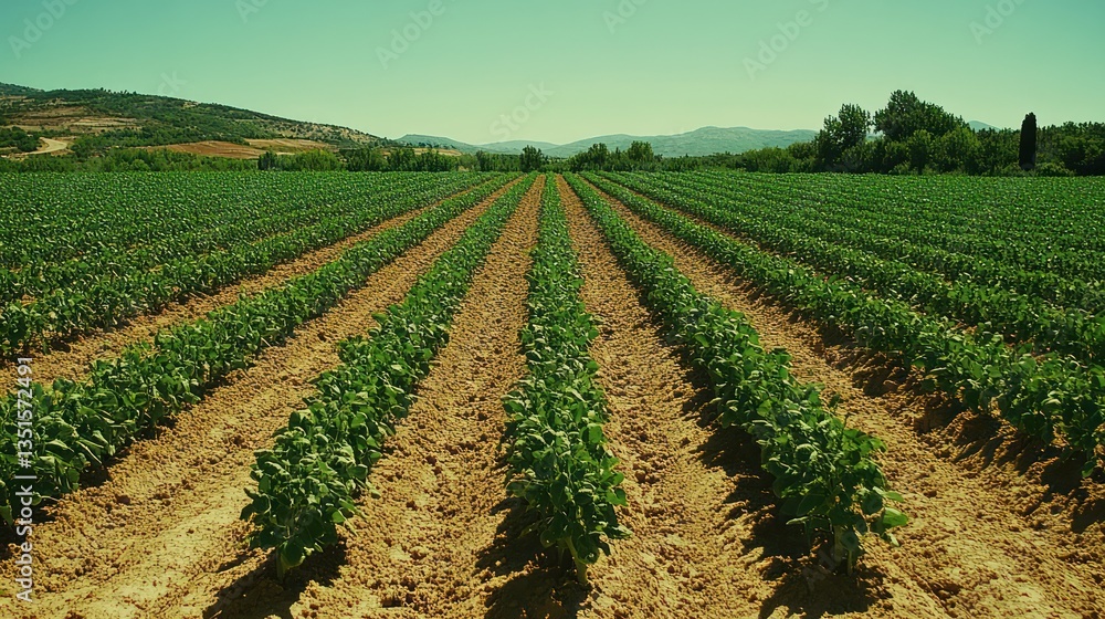 Rural vegetable field rows under bright sky Rural vegetable field rows under bright sky