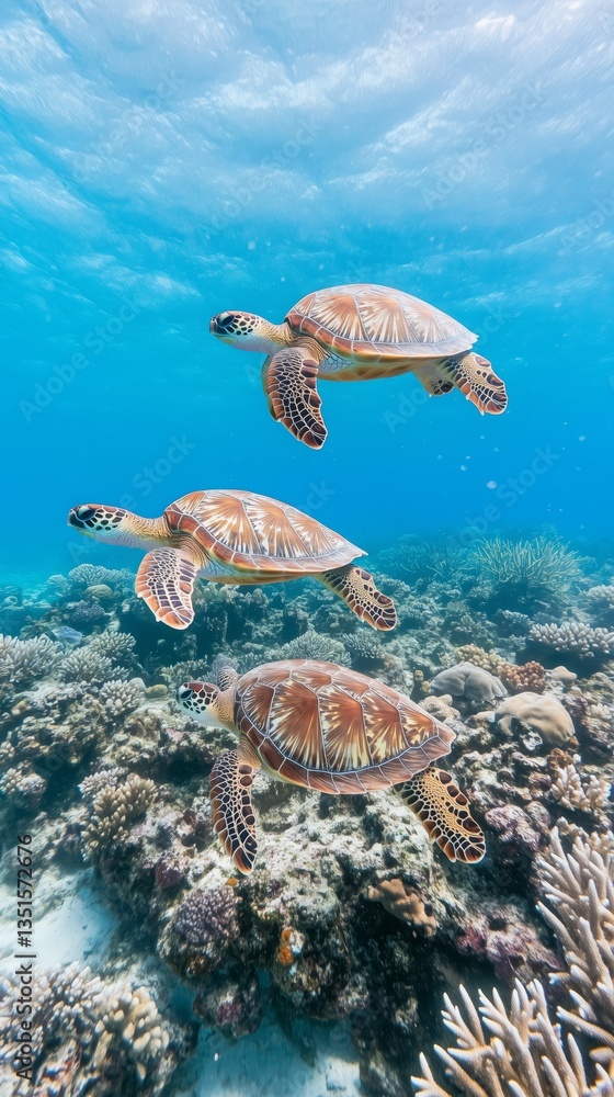 Fototapeta premium Three Sea Turtles Swimming Together in Crystal Clear Blue Tropical Ocean Waters Near Coral Reef, Underwater Photography, Wallpaper