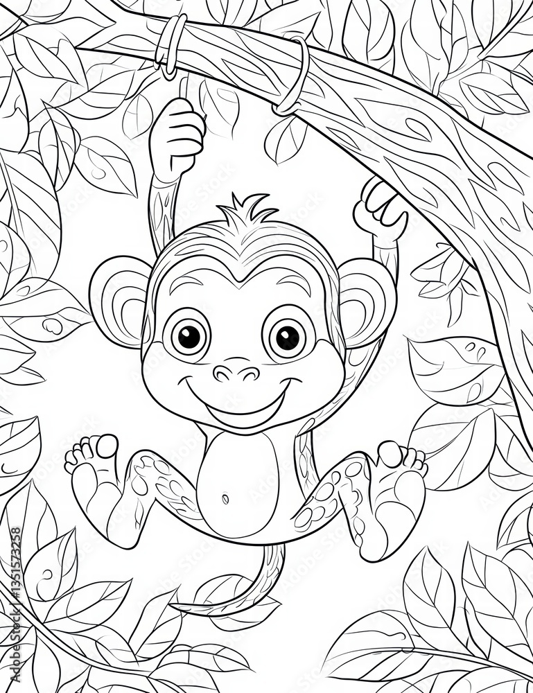 Fototapeta premium Playful Monkey in a Canopy: A charming illustration of a playful monkey, depicted in a line art style, hanging from a tree branch amidst lush foliage.