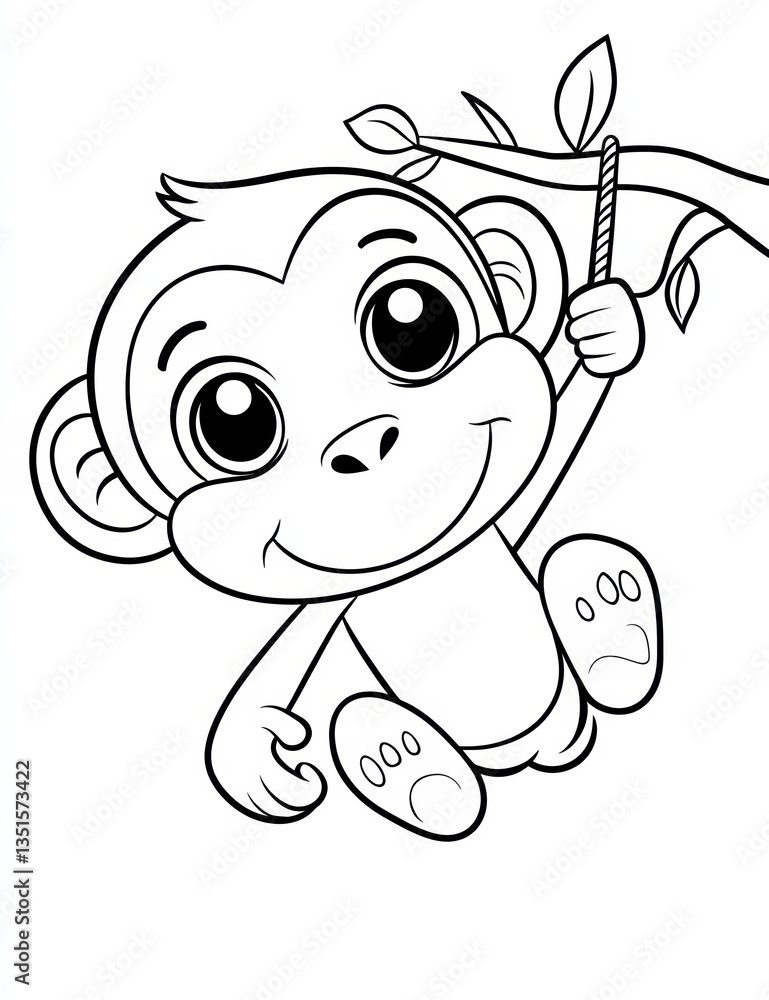 Obraz premium Playful Monkey: A charming monochrome illustration of a friendly monkey swinging from a branch, conveying fun and innocence.