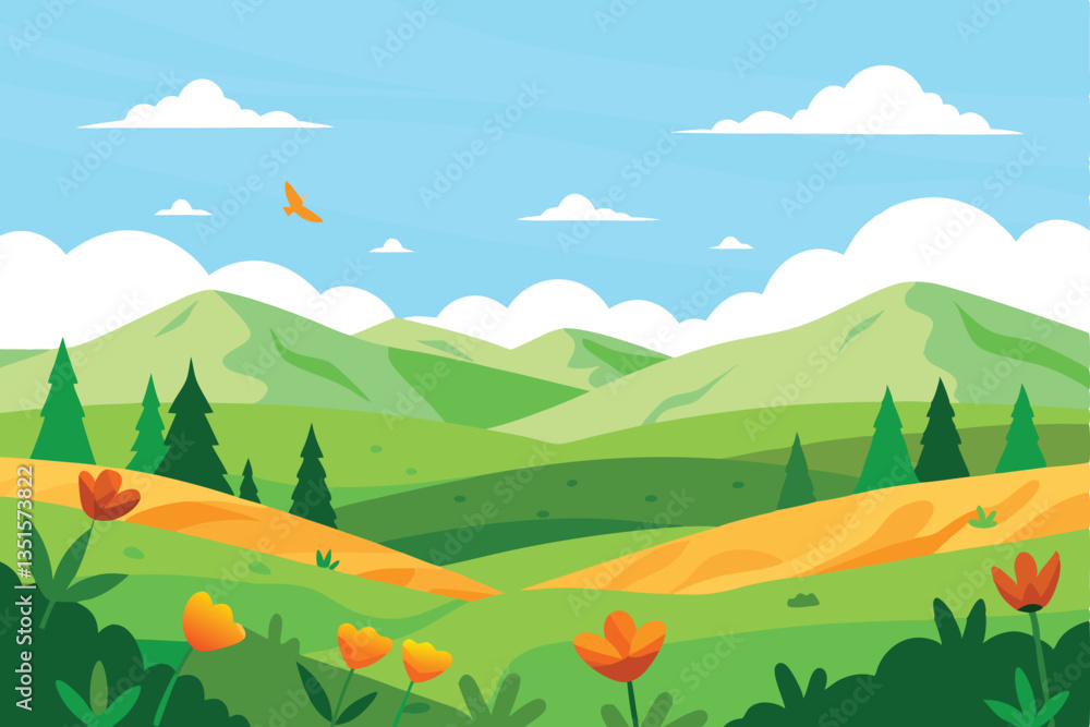 Obraz premium Flat Landscape with Rolling Green Hills, Coniferous Trees, Orange Flowers, Bird, & Blue Sky
