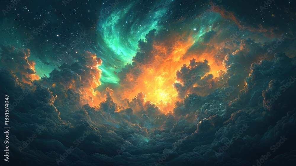 Vibrant cosmic clouds illuminated by fiery colors Vibrant cosmic clouds illuminated by fiery colors