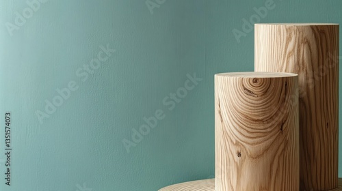 Wooden display podiums on teal backdrop