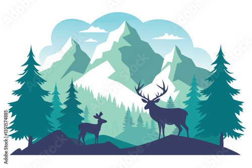 Forest with deer silhouettes, pine trees, and layered mountains backdrop