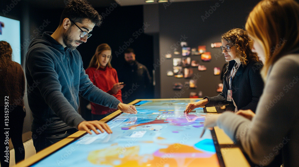 Fototapeta premium Engaged individuals interacting with a large touchscreen display in a modern exhibition space