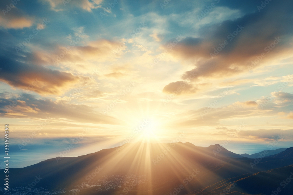 Fototapeta premium Sunrise illuminating a vibrant cityscape with dramatic clouds and mountains in the background