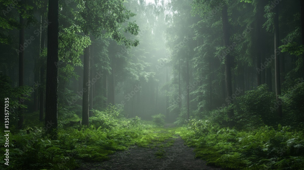 Fototapeta premium Misty Forest Path with Lush Greenery and Natural Light