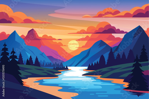 Mountain Landscape with River & Setting Sun, Colorful Abstract Design, Flat