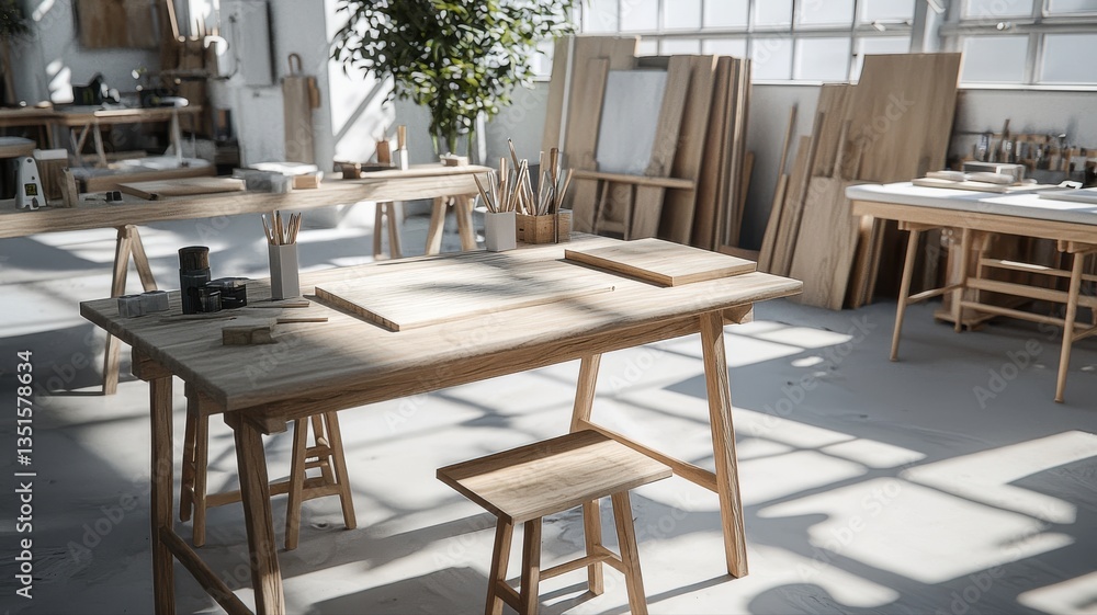 Sunlit woodworking studio with tables, tools, and natural light, perfect for crafting and creativity. Sunlit woodworking studio with tables, tools, and natural light, perfect for crafting and creativity.