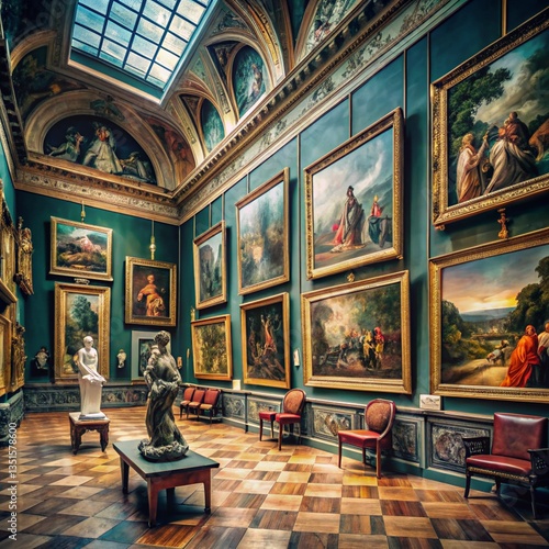 Grand art gallery with ornate architecture and numerous paintings