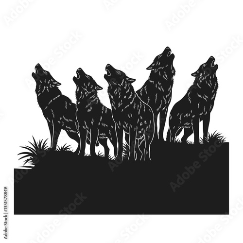 Wolves pack howling silhouettes 