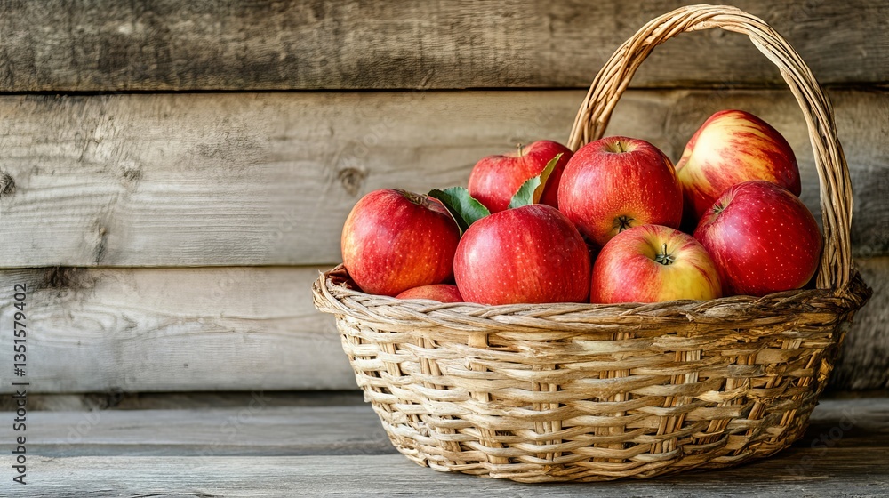 A basket of freshly picked apples sitting on a rustic table. A basket of freshly picked apples sitting on a rustic table.
