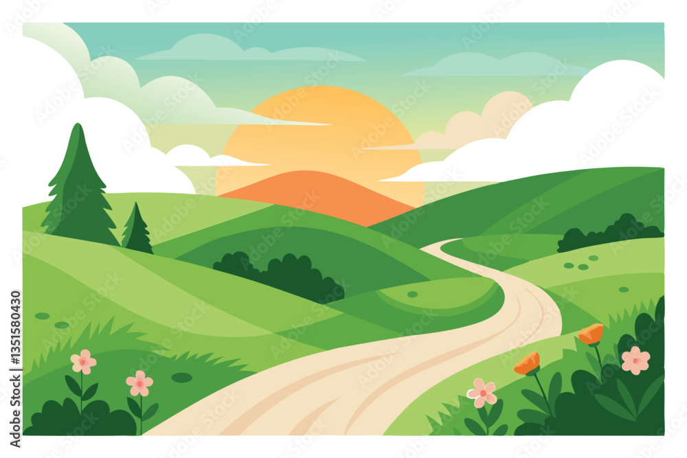 Fototapeta premium Scenic Cartoon Landscape Rolling Green Hills, Sunrise, Winding Path
