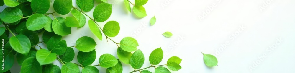 Fototapeta premium Dense green leaves scattered on pure white surface, serene, foliage