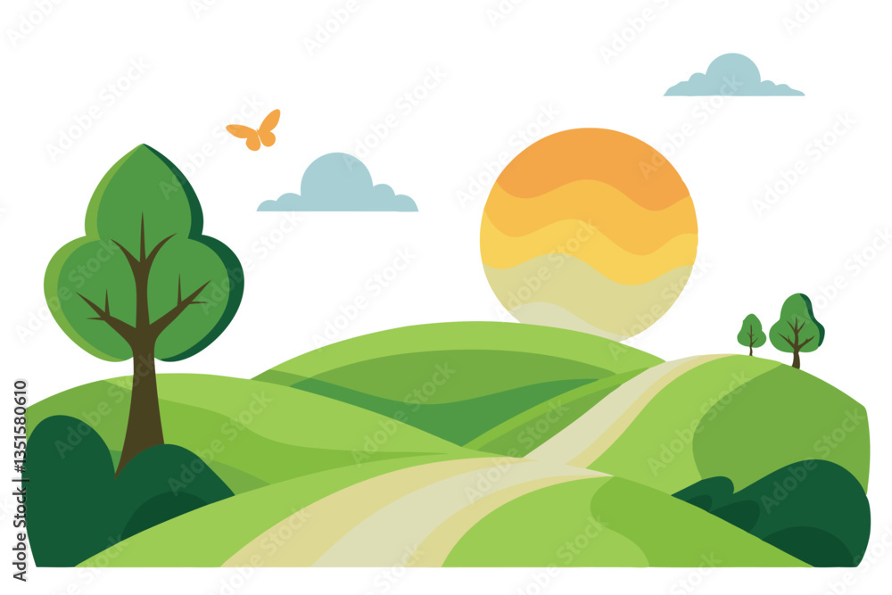 Obraz premium Scenic Cartoon Landscape With Winding Path, Lush Green Hills, Trees, Clouds, and Sun
