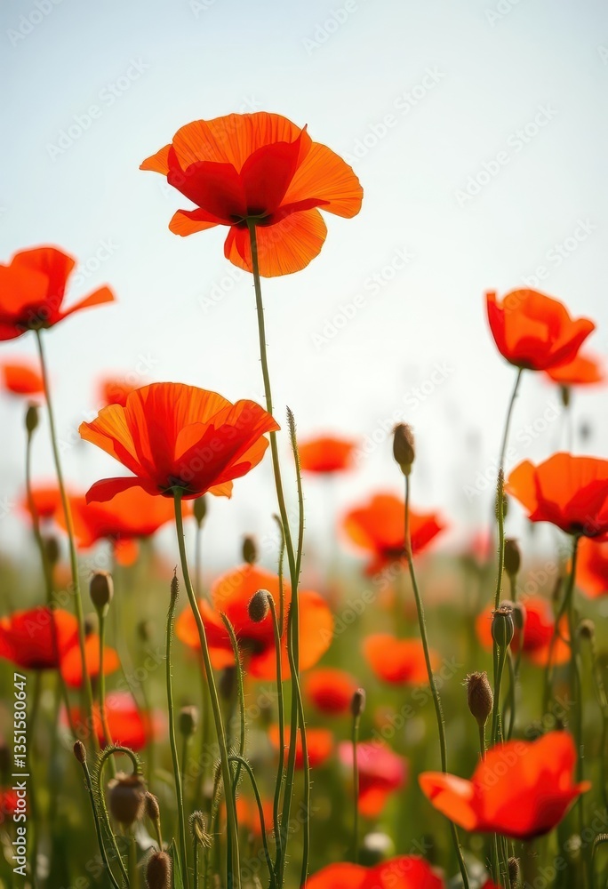 Obraz premium Vibrant red poppies sway gently in a sun-drenched field, bright, nature, design