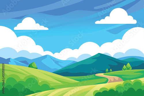 Scenic Landscape with Rolling Green Hills, Mountain Backdrop, and a Bright Blue Sky