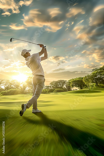 Vertical image of Golfer swinging club on lush green golf course at sunset
