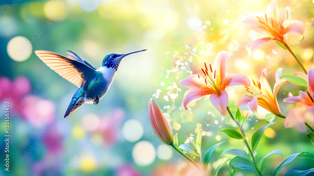 Hummingbird Gracefully Hovering Near Vibrant Lily Flowers – A Stunning Panoramic Nature View Hummingbird Gracefully Hovering Near Vibrant Lily Flowers – A Stunning Panoramic Nature View