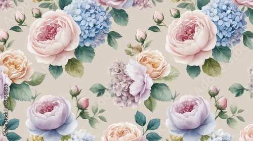 Fototapeta Naklejka Na Ścianę i Meble -  Elegant Watercolor Roses and Hydrangeas Floral Pattern