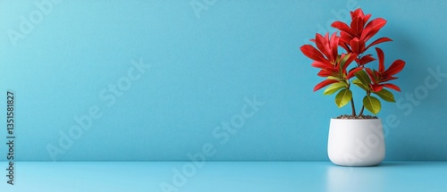 Red flowers in a white pot with blue accents sit near a wall, their green leaves vibrant against the plant background in a vase.