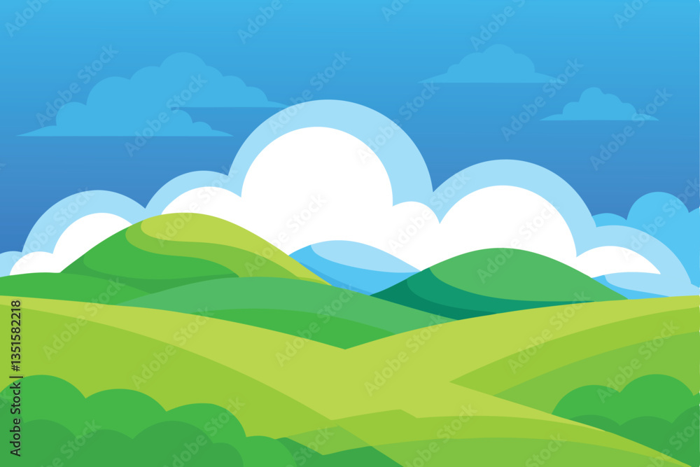 Serene Green Landscape with Rolling Hills Under a Blue Sky and White Clouds Design Serene Green Landscape with Rolling Hills Under a Blue Sky and White Clouds Design