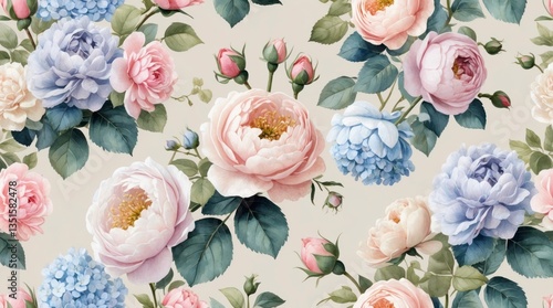 Elegant Pastel Roses and Hydrangeas Floral Pattern Wallpaper
