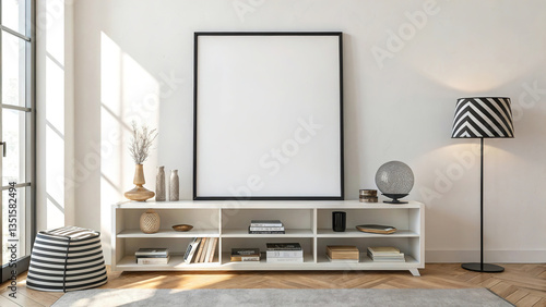 Fototapeta Naklejka Na Ścianę i Meble -  Large empty picture frame leans against minimalist shelving unit with various decorative elements in sunlit room. modern minimalist interior.