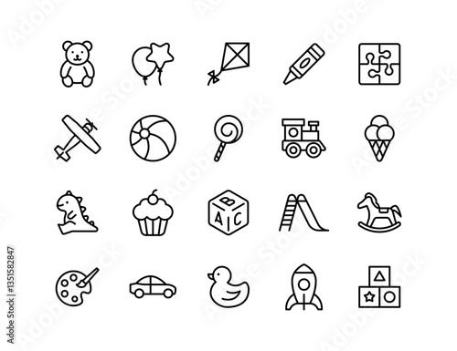 Toys Vector Icon Set | Adjustable Line Weight | Teddy bear, balloons, puzzle, airplane, dinosaur, rocking horse, blocks, rocket, cupcake, lollipop, kids, childhood, playtime icons